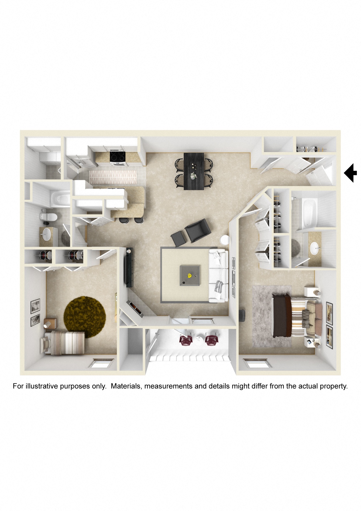 Floor plan for 2 beds, 2 baths, 1300 sqft